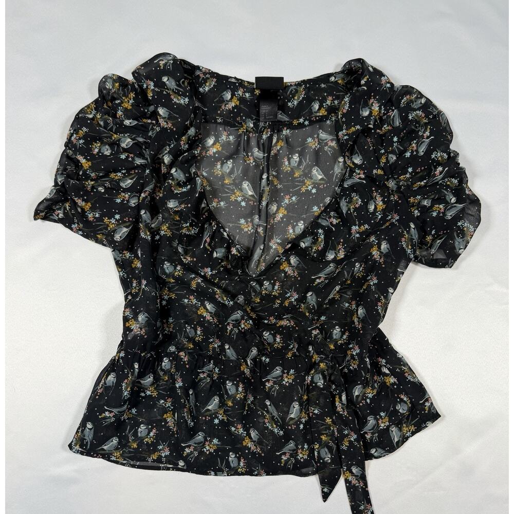 H&M Black Floral Bird Print Wrap Blouse Women Size 4 Small Ruffle Sheer Tie Wais